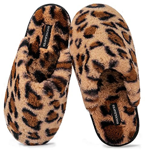 Snug Leaves Women's Fluffy Memory Foam Slip On Slippers with Cosy Faux Fur Lined House Shoes for Ladies Cheetah Brown, 7-8 UK