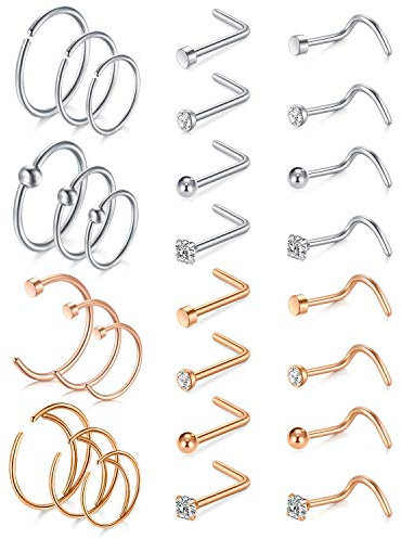 AceFun 20G Piercing Nez Anneaux Studs Argent Or Rose en Forme de L et en Spirale Acier Inoxydable Anneaux de Nez 28Pcs Bijoux de Piercing pour Femmes Filles