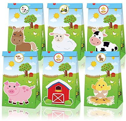 12 Stück Farm Animals Party Taschen, Kuhpapier Treat Taschen, Küken Geschenk Goodie Taschen, Farm Party Favor Taschen mit 18 Stück Farm Papier Aufkleber