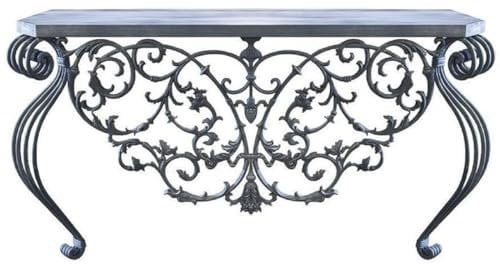 Casa Padrino Luxus Jugendstil Konsole Grau 150 x 45 x H. 90 cm - Handgefertigter Schmiedeeisen Konsolentisch mit Metall Tischplatte - Wohnzimmer Garten Terrassen Möbel