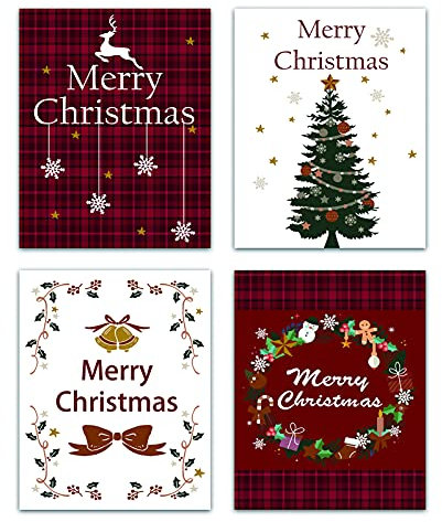 CREATCABIN 4pcs Natale A Tema Cervo Albero di Natale Vintage Canvas Print Poster Set Home Decor Wall Art Opere d'Arte Moderna per Soggiorno Camera Bagno Home Office Cucina 8 x 10 Pollici