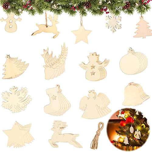Powmag 60 Stück Holzanhänger Weihnachten, Weihnachtsbaumschmuck Ornamente zum Aufhängen, DIY Weihnachtsdekoration zum Bemalen, Weihnachtsbaum Deko