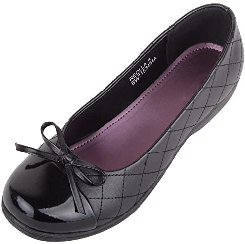 Womens Slip On Faux Leather Quilted Diamond Patterned School Work Dolly Shoes - Black - UK 4 / US 6