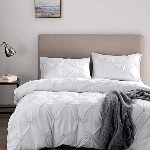 ZZFF Weich Unifarben Baumwolle Bettbezug,Mikrofaser Luxus Steppdecken Set Mit Plissee-Falten,Tuffed Hypoallergen Steppdecken Einzelnen Doppel Bett 3 STK Bettwäscheset-Weiß 135x200cm(53x79inch)