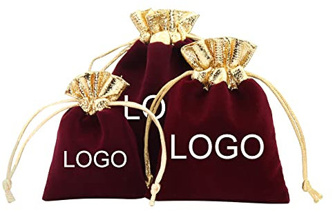 Kundenspezifische 50-teilige Samt-Geschenkbeutel mit Logo, Schmuckbeutel mit Goldrand und Kordelzug für Partygeschenke