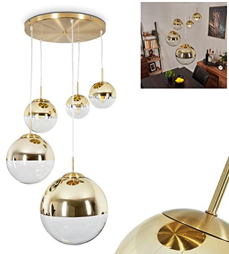 Hängeleuchte Degevos, 5-flammige Deckenlampe aus Metall/Glas in Goldfarben/Klar, moderne Pendellampe mit Kugeln aus Echtglas, Höhe max. 142 cm, 5 x E27, ohne Leuchtmittel