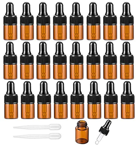 Alledomain 24Pcs, 2Ml Amber Glass Sample Dropper Bottles, Empty Mini Bottles with Dropper Pipettes Black Cap Refillable Small Sample Vials Container for Essential Oil Perfume Cosmetic Liquid