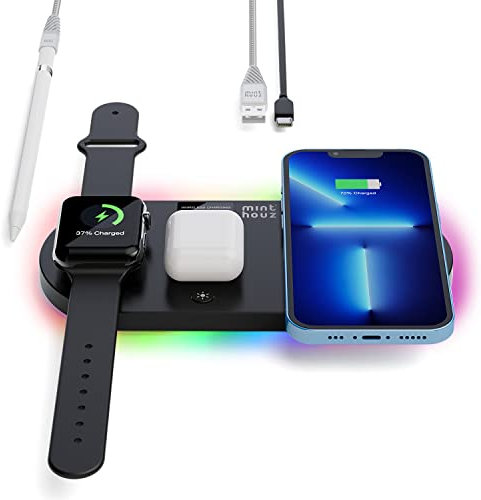 Minthouz Wireless Charger, 4 in 1 Induktive Ladestation kompatibel mit iPhone 14/13/12/11/X/8, iWatch S8/7/6/5/4/3/SE2/SE (ONLY), drahtloses Ladegerät mit 3FT USB C-C Cable für AirPods 3/Pro