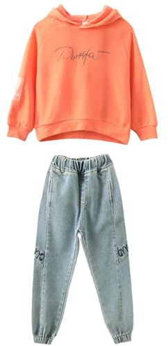 amropi Filles Ensembles Pantalon et Haut Sweats à Capuche Survêtement Jeans Jogging Vêtement Orange, 9-10 Ans
