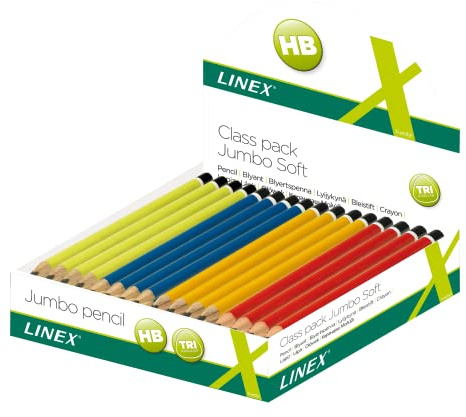 Linex Dreikantige Jumbo-Bleistifte im Display HB mit bruchfester Mine, 80 Stück, farblich sortiert (rot, gelb, blau und limettengrün)
