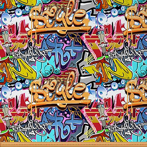 Loussiesd Hip Hop Stoff von The Yard Hippie Street Culture Graffiti Polsterstoff für Stühle Bunte Grunge Kunst Dekorativ Wasserdicht Draussen Stoff Orange Blue 92x150cm