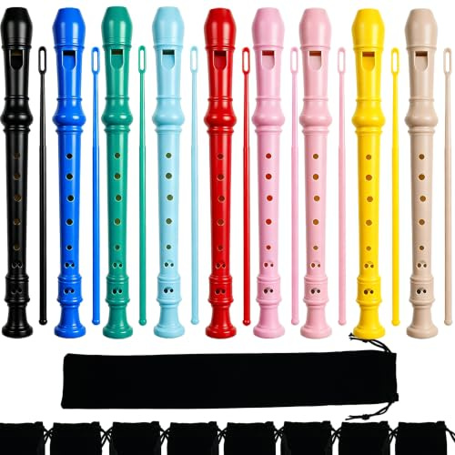 Miokun 9 Pack ABS German Style 8 Hole Descant Soprano Recorders with Cleaning Rod, Black Storage Bag (Multicolor-9 pack)