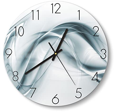 DEQORI Glasuhr | rund Ø 30 cm | Motiv Chrom Schwingungen | ausgefallene leise Design Uhr aus Glas | Wanduhr für Wohnzimmer & Küche | moderne Hingucker Uhr für die Wand