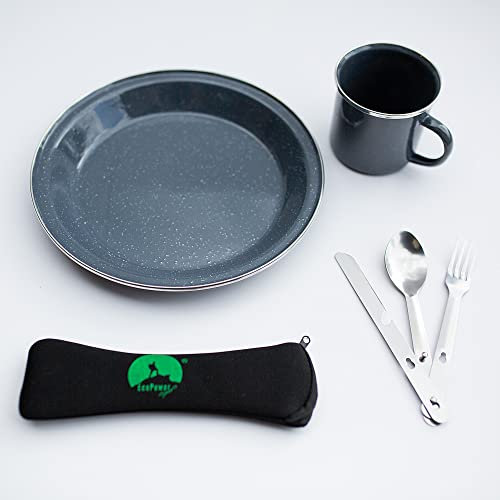 ECOPOWER SPORTS Mess kit, 1 Person Camping & Picnic Tableware Dining Set, Grey 350ml Mug/24 CM Plate Plus Stainless Steel Cutlery Knife with Bottle Opener, Fork, Spoon and Hygienic Pouch. 6PCS