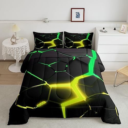 Geometrisches Waben-Bettwäsche-Set, Queen-Size-Größe, abstraktes sechseckiges Patchwork-Mode-Bettwäsche-Set für Jungen, Mädchen, Männer, Raumdekoration, Gelbgrün, Neon, moderne Daunendecke,