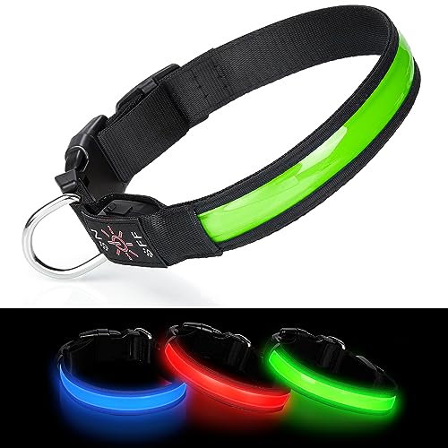 Benxdara Light Up Dog Collar USB Rechargeable, Adjustable LED Dog Collar with 3 Lighting Modes for Small Medium Large Dogs Walking for the Dark Safely - Green - M