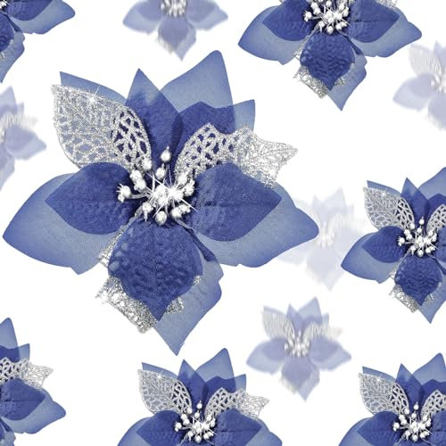Boao 24 Flores Artificiales de Pascua con Purpurina para Navidad, Bodas, árbol de Navidad, Año Nuevo (Azul Marino)