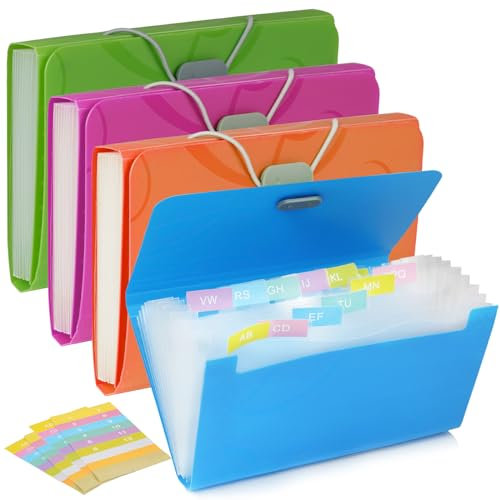 4 Stücke Fächermappe A6, Karteikartenbox A6, Dokumentenmappe A6 mit Beschriften, Dokumententasche mit 13 Taschen, Ordnungsmappe Mappe, Sortiermappe A6 für Rechnung Quittungen Coupons Lernkarte