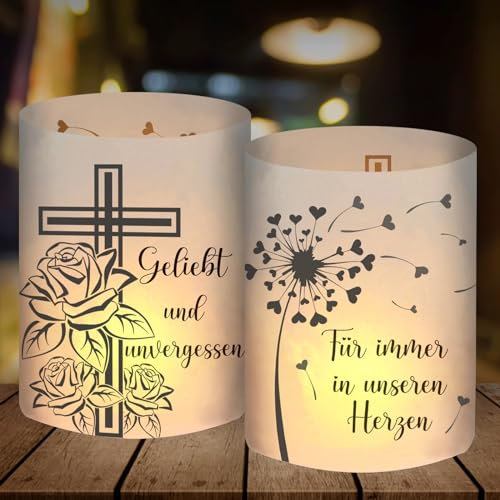 12 Windlicht Tischdeko Trauer, Geliebt und unvergessen, Für Immer in unseren Herzen, Trauer Deko, Trauergeschenk, Trauerkerze, Trauerlicht