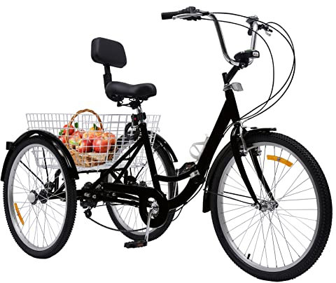 MooBeey 24 Zoll 7-Gang Erwachsene Dreirad aus Kohlenstoffstahl, Erwachsenendreirad 3 Räder Fahrrad mit Faltbares Rahmen, Klappdreirad City Tricycle Kreuzfahrt Dreirad mit Einkaufskorb (Schwarz)