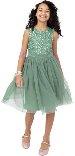Maya Deluxe Midi Dress for Girls Sequins Embellished Party Tutu Bridesmaids Wedding with Belt Bow Robe, Deep Mint, 7 Years Fille