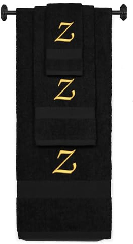 Individuell Besticktes Frottee-Baumwoll-Badetuch, Handtuch und Waschlappen-Set – schwarzes Handtuch-Set, Gold Chancery Initiale Z