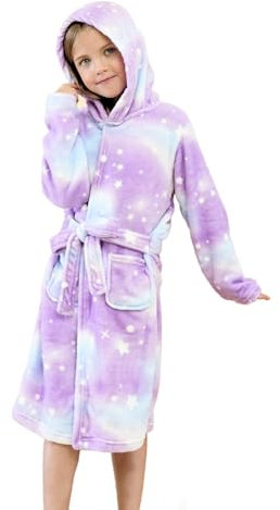 Piefry Morbido Accappatoio con Cappuccio per Bambine e Ragazze in Pile Vestaglia da Notte per Bambini (Stelle Viola, 10-11 anni)