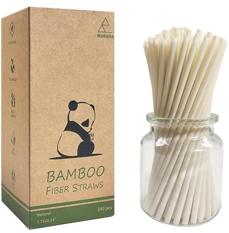 100% Biodégradables Pailles en Bambou de Fibre - 240 Pieces, 19,7 × 0,6 cm Compostables Paille Bamboo Jetables pour Cocktail Boissons Chaudes et Froides