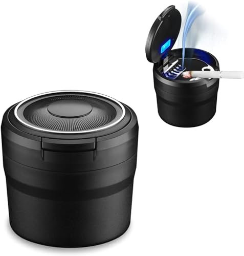 WEIQQI Auto Aschenbecher mit Deckel für Sm-Art Fortwo 450 451 453, Autoaschenbecher mit Licht Tragbare Aschenbecher Selbstverlöschender Abnehmbarer,A-Black