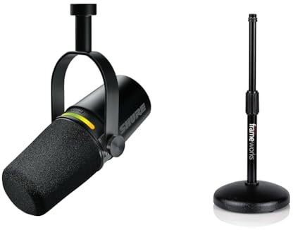 Shure MV7+ Podcast Microphone. Enhanced Audio, LED Touch Panel, USB-C & XLR Outputs, Auto Level Mode & Gator Frameworks Desktop Microphone Stand with Round Weighted Base & Adjustable Height