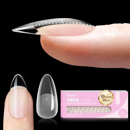 Beetles Tipex Lite Apex Nail Tips, Almond Medium, 96pcs 16 Sizes | Pre-Building Pre-Etched Acrylic Nail Tips for Flat Nails & Natural Nail Beds