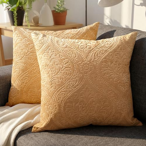 Encasa XO Samt Kissenbezug, ohne Füllung 45x45 cm Gold | Geprägtes Damast-Muster | Weicher Plüsch-Samt | Verdeckter Reißverschluss | Langlebig & Waschbar | 2er-Set