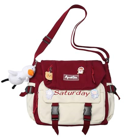 NONGYU 2024 Süße Messenger Bag Canvas Umhängetasche für Teenager Mädchen Schüler Schultasche mit Anhänger Große Kapazität Crossbody Bag