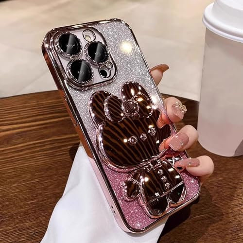 Roemary Schutzhülle mit Spiegel-Ständer, für iPhone 16 Pro Max, für iPhone 16 Pro Max, mit Make-up-Spiegel-Design, Hasen-Klapphalterung, Ständer, Handyhülle, Pink Bunny