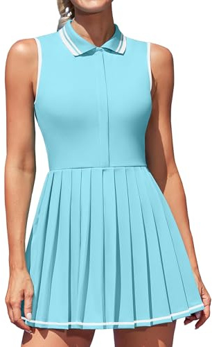 ATTRACO Women's Tennis Dress with Built in Shorts and Bra Pleated Tennis Skirts with Pockets Collared Workout Dresses Blue/White L