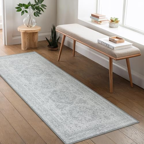 BEIMO Vintage Boho Schlafzimmer Wohnzimmer kurzflor Teppich, Waschbar RutschfestTeppich für KüChe Flur Teppich Grau, 60x150cm