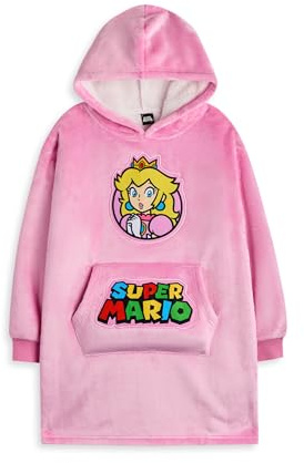 Super Mario Nintendo Mädchen tragbarer Decken-Hoodie | Rosafarbener Kinder-Kapuzenpullover mit Prinzessin-Peach-Charaktergrafiken | Sherpa-gefütterte Videospiel-Loungewear für Kinder mit Taschen