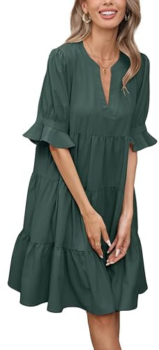Famulily Ladies Summer Boho Mini Dress Ruffle Sleeve Pleated Swing Casual Basic Party Dress Dark Green M