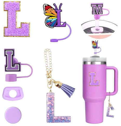 6PCS Personalized Tumbler Accessories for Stanley Cup, Straw Covers for Stanley Cup, Initial Decorations, Letter Stickers, Letter Charms, and Leak Stoppers for Tumblers (L)