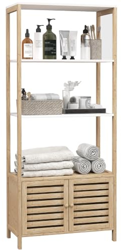 HOMCOM Meuble de Salle de Bain 3 Étagères 63x30x138cm Bois Naturel et Blanc | Armoire de Rangement Haute, en Bambou, 1 Placard, Portes à Lattes, Base Surélevée