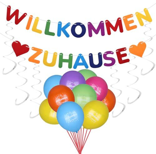 Willkommen Zuhause Banner Dekoration,10 StüCk Welcome Home Wiederverwendung Luftballons,Herzlich Willkommen Girlande,6 StüCk HäNgende Spiralen Grlande Luftschlangen,Familientreffen Party