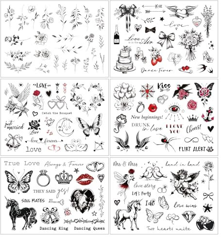 6Feuilles Tatouages Temporaires Mariée Mariage Faux Autocollants Noir Rouge Feuille Gâteau Ange Papillon Lèvres Nœuds Cœur Oiseau Anneau Tattoos Étanche Accessoire Décoration pour Fête Mariage EVJF