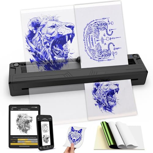 Kabelloser Tattoo-Schablonendrucker, tragbarer Bluetooth-Thermo-Tattoo-Drucker mit App, benutzerdefinierte Größe≤ A4, Drucken Sie realistische Porträts, 10 Transferpapiere, funktioniert für Handy