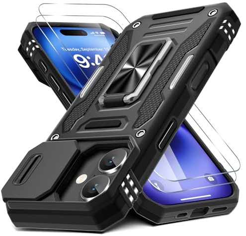 DEERLAMN Case for iPhone 17 6.3-Inch with Slide Camera Cover + Screen Protector (2 Packs), Rotated Ring Kickstand Military Grade Shockproof Protective Cover-Black