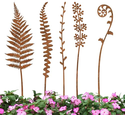 Ocastuted Rostige Blumen Gartenstäbe | 5 Stücke Rostiger Gartenstab - Rustikale Bauernhaus-Vintage-Deko mit Farn- und Blumenmotiv Wetterfeste Rasenfigur für Park und Pflanzkübel