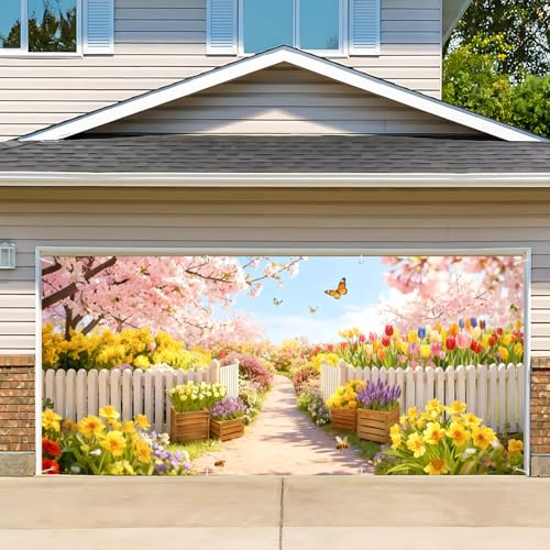 CRYSLOVE Bannière de Porte de Garage 180x400 cm - Dekoration für Geburtstag,Valentinstag,Fest und Geschenk - Große Wanddekoration für Innen und Außen (Frühlingsblumen)