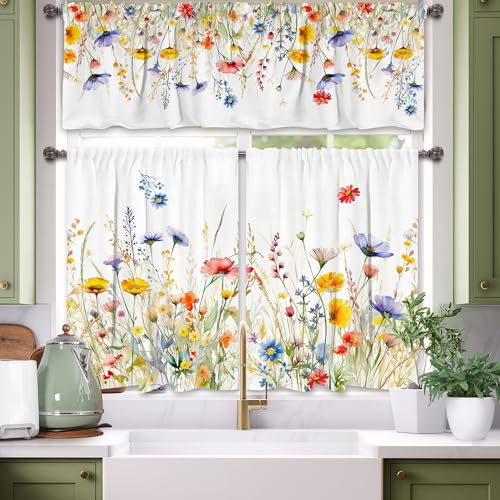 cusugbaso 3 Piece Spring Kitchen Curtains and valances Set, Random 2 Styles Summer Floral Cafe Curtain 36 inch Length Black & White Buffalo Plaid Kitchen Decor