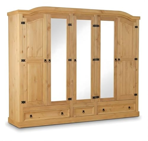 Hacienda-Look – 5-türiger Kiefer Kleiderschrank New Mexico Natur – B243xH 193xT 57cm – 3 Schublade(n) – Massive Kiefer – Farbe Natur – Hacienda-Stil – wärmender Massivholz-Look fürs Zuhause