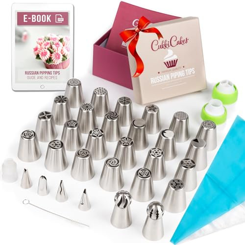 CukkiCakes Boquillas Rusas de Repostería - Set Decoración de Cupcakes y Tartas (55pcs): 30 Boquillas + 20 Mangas Pasteleras Desechables + Bolsa Silicona Reutilizable + 3 Adaptadores + Accesorios