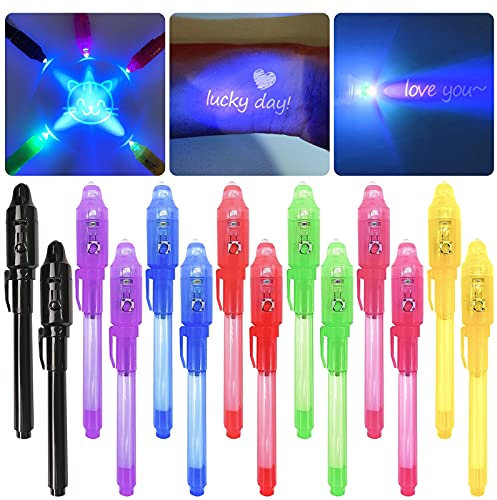 mokiu 14pcs Crayons à encre invisible, Stylo Invisible avec Lumière UV sans ombre Stylo Secret Espion Message Stylo Plume magique Cadeau d’anniversaire idéal pour les enfants